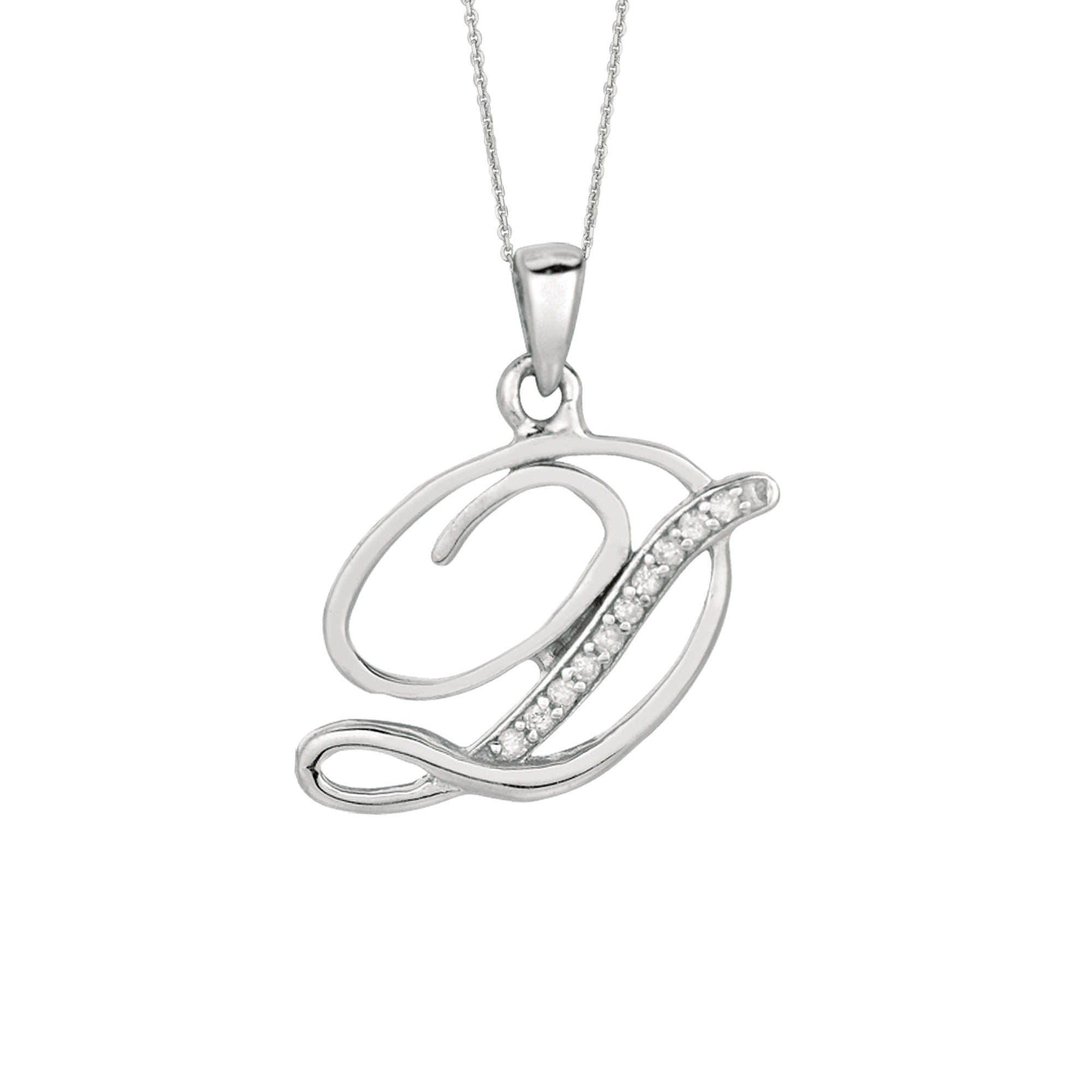 "D" Sterling Silver Rhodium Plated Script Initial Letter With Diamonds On 18 Inch Chain ( 0.05 Tcw) - JewelryAffairs