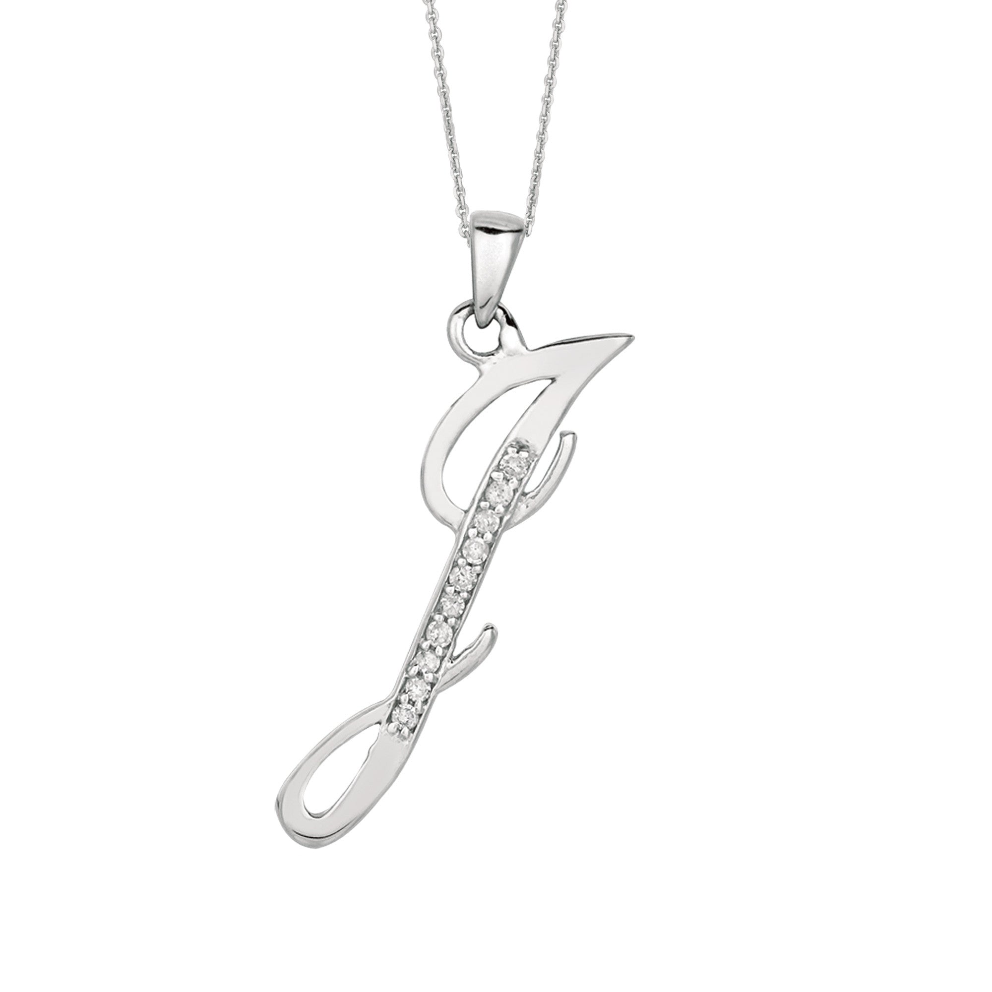 "J" Sterling Silver Rhodium Plated Script Initial Letter With Diamonds On 18 Inch Chain ( 0.05 Tcw) fine designer jewelry for men and women