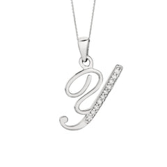 "Y" Sterling Silver Rhodium Plated Script Initial Letter With Diamonds On 18 Inch Chain ( 0.05 Tcw) fine designer jewelry for men and women