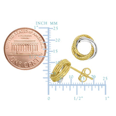 14k Two Tone Gold Shiny And Textured Open Infinity Knot Stud Earrings, 10mm fine designer jewelry for men and women