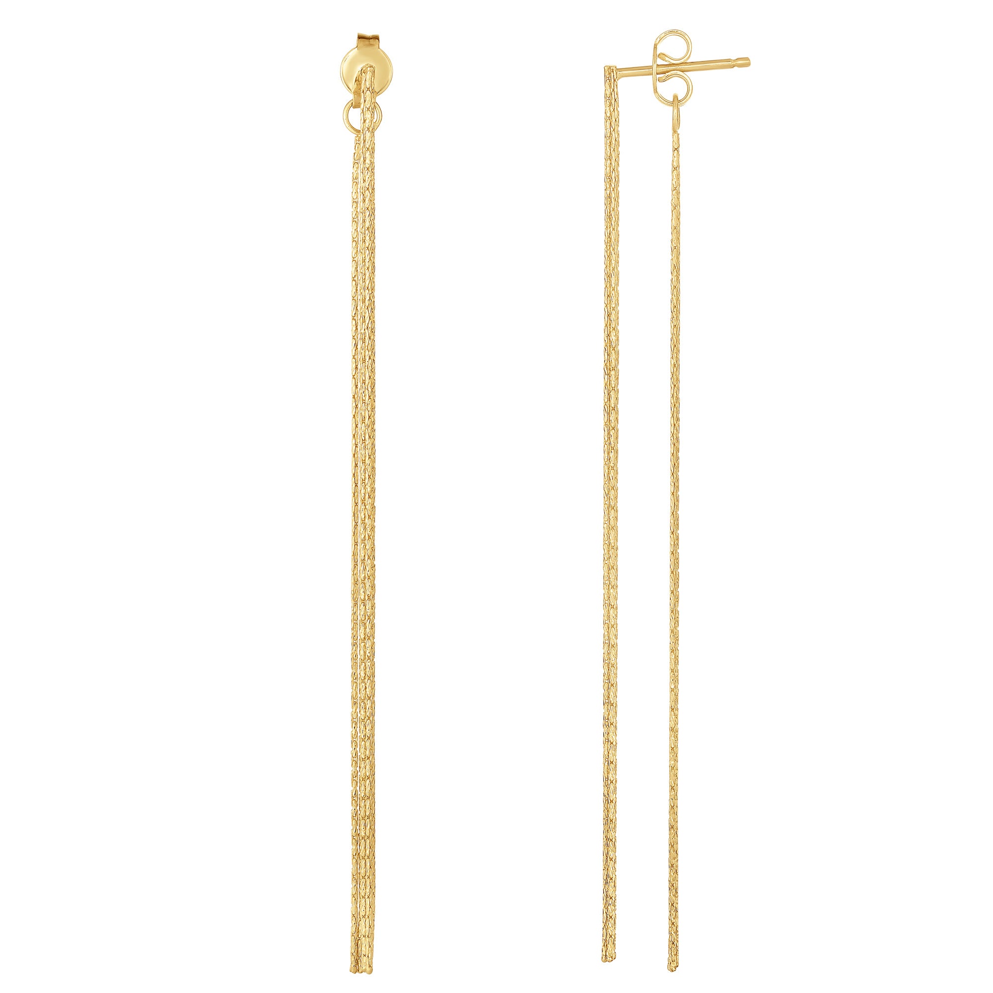 14K Yellow Gold Diamond Cut Multi Stranded Chain Front And Back Style Drop Earrings fine designer jewelry for men and women