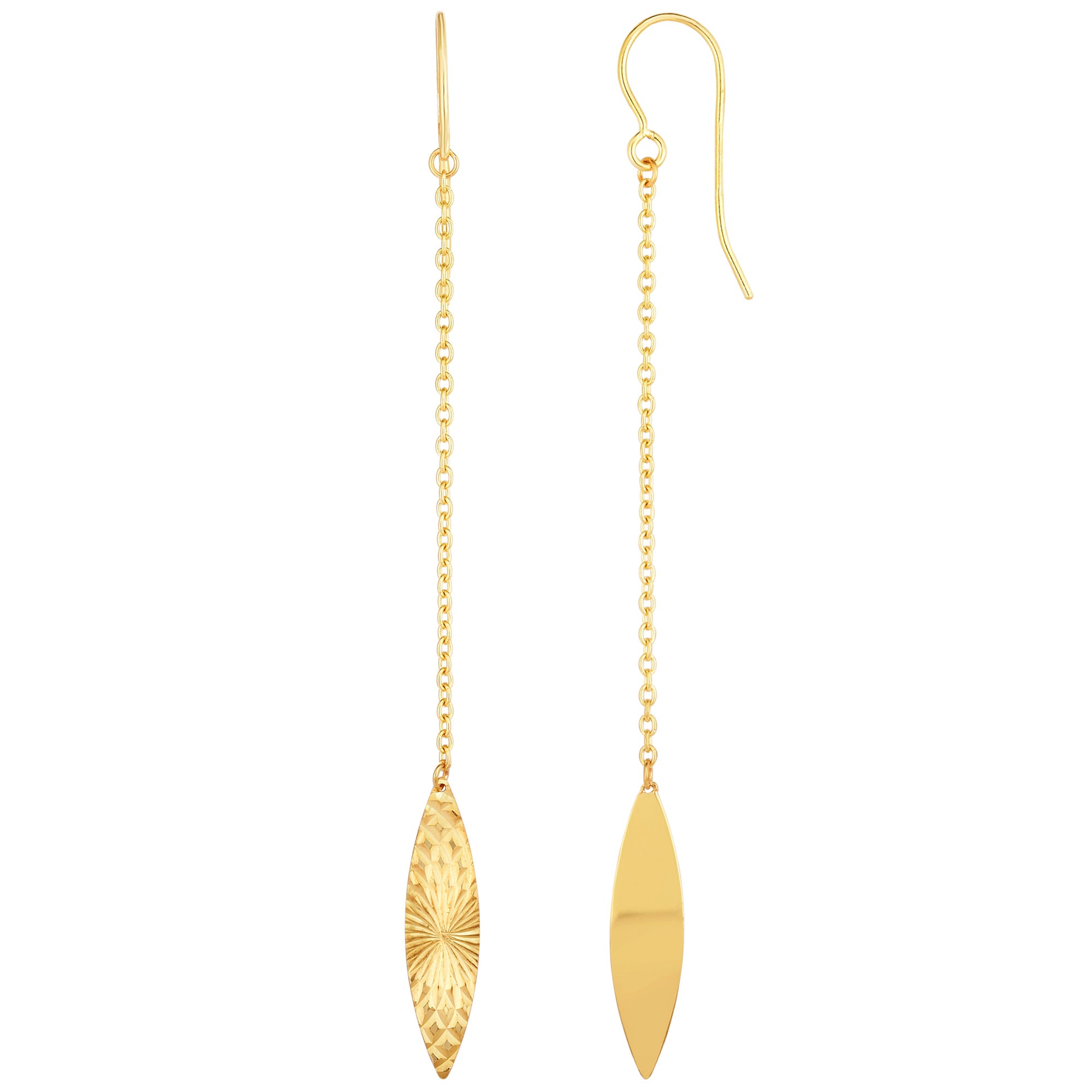 14K Yellow Gold Diamond Cut Marquise Disc Drop Earrings fine designer jewelry for men and women