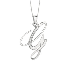 "G" Sterling Silver Rhodium Plated Script Initial Letter With Diamonds On 18 Inch Chain ( 0.05 Tcw) - JewelryAffairs