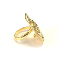 Greek Olive Leaf And Spira Disc Ring In 18k Gold Overlay Sterling Silver - JewelryAffairs