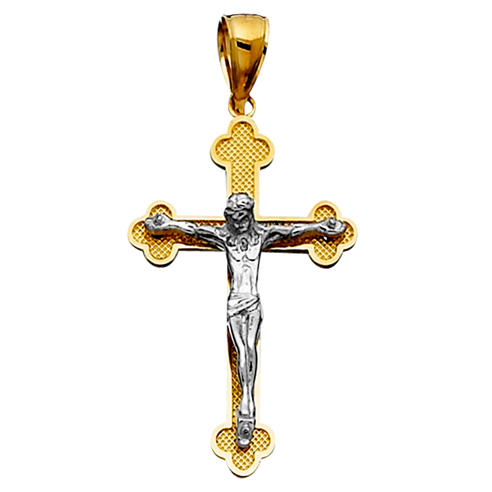 14k 2 Tone Gold Textured Finish Clover Tips Crucifix Pendant fine designer jewelry for men and women