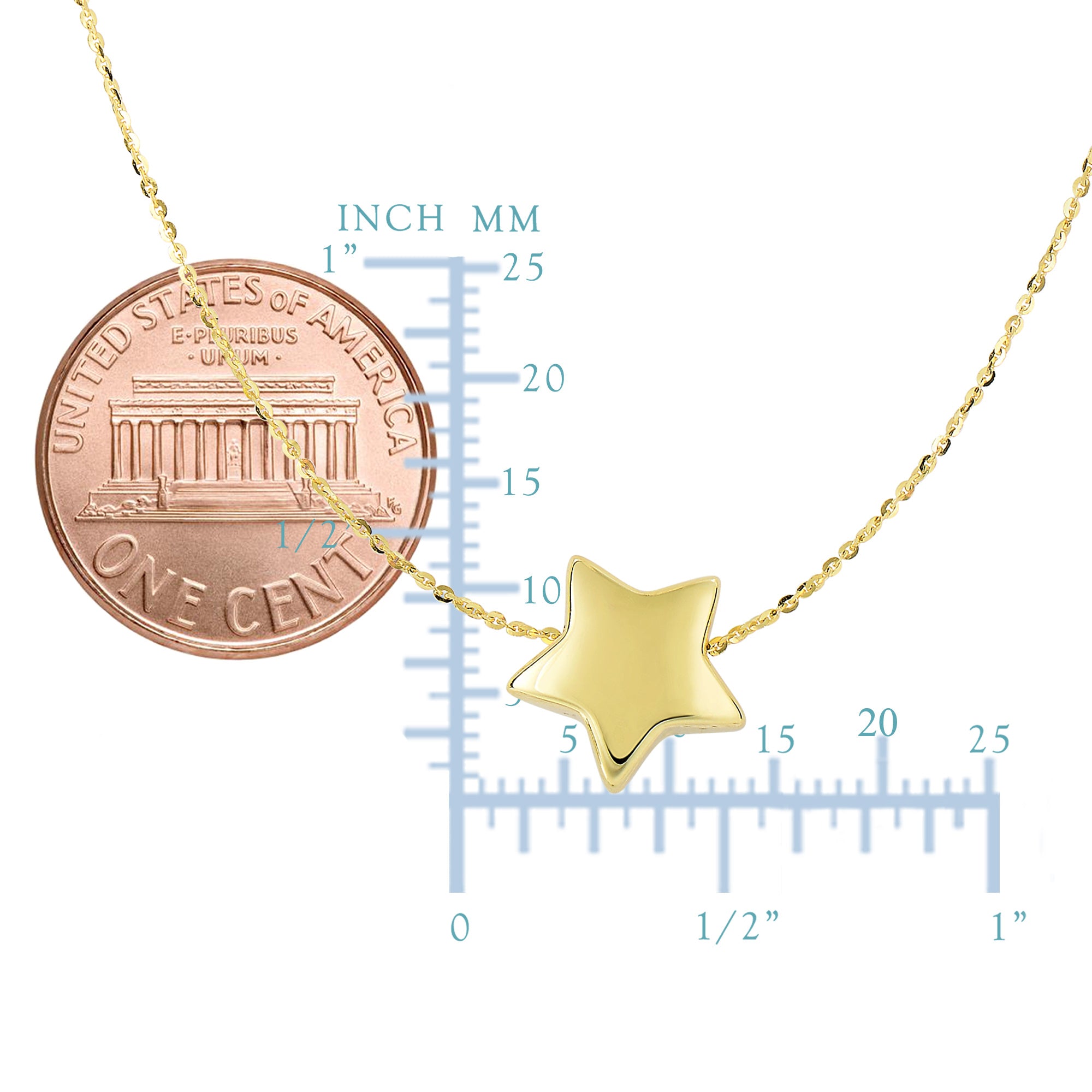 14k Yellow Gold Sliding Puffed Star Pendant Necklace, 18" fine designer jewelry for men and women