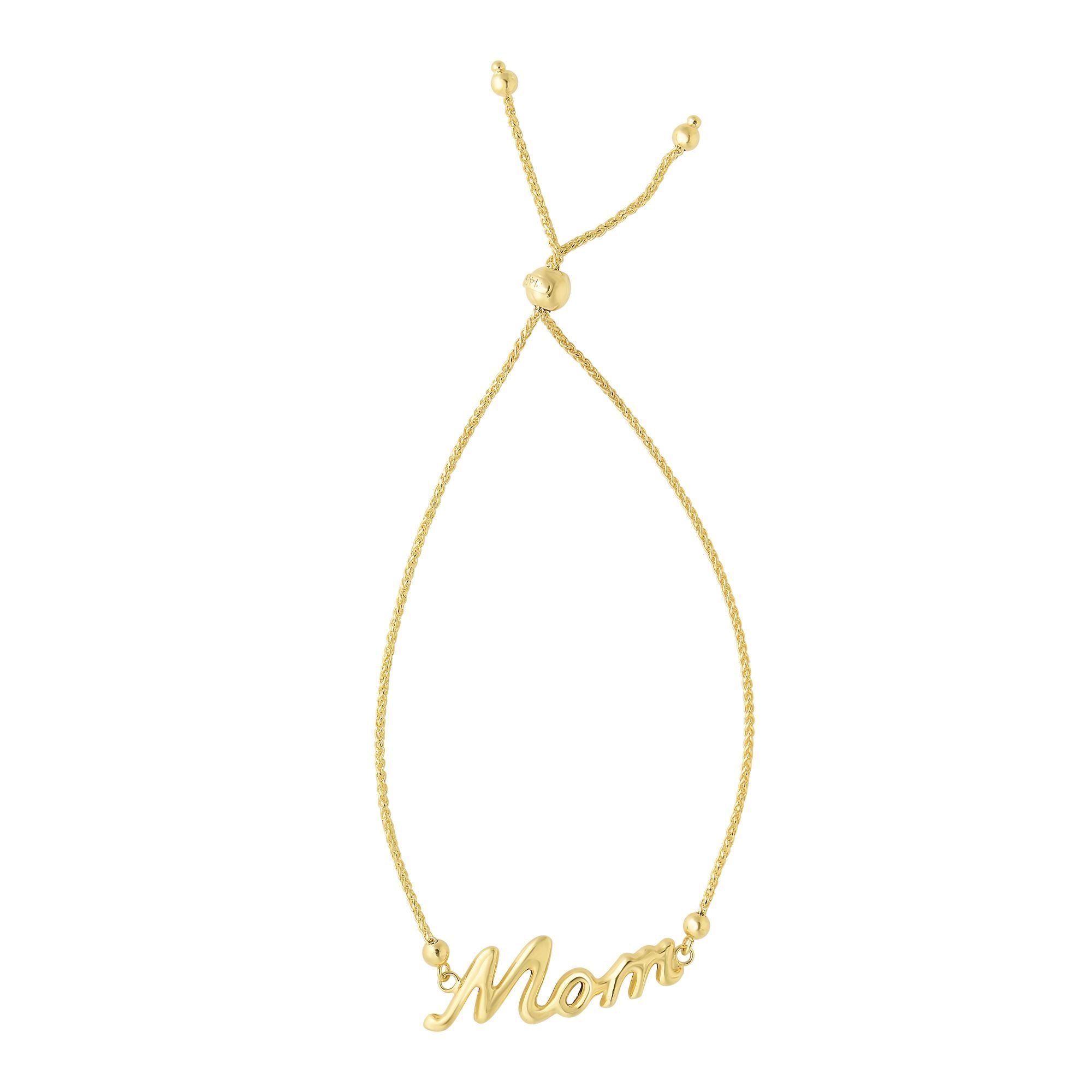 14k Yellow Gold Adjustable Mom Charm Bolo Bracelet, 9.25" fine designer jewelry for men and women