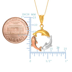 14k Tricolor Rose Gold Three Circling Dolphins Pendant Necklace, 18" fine designer jewelry for men and women