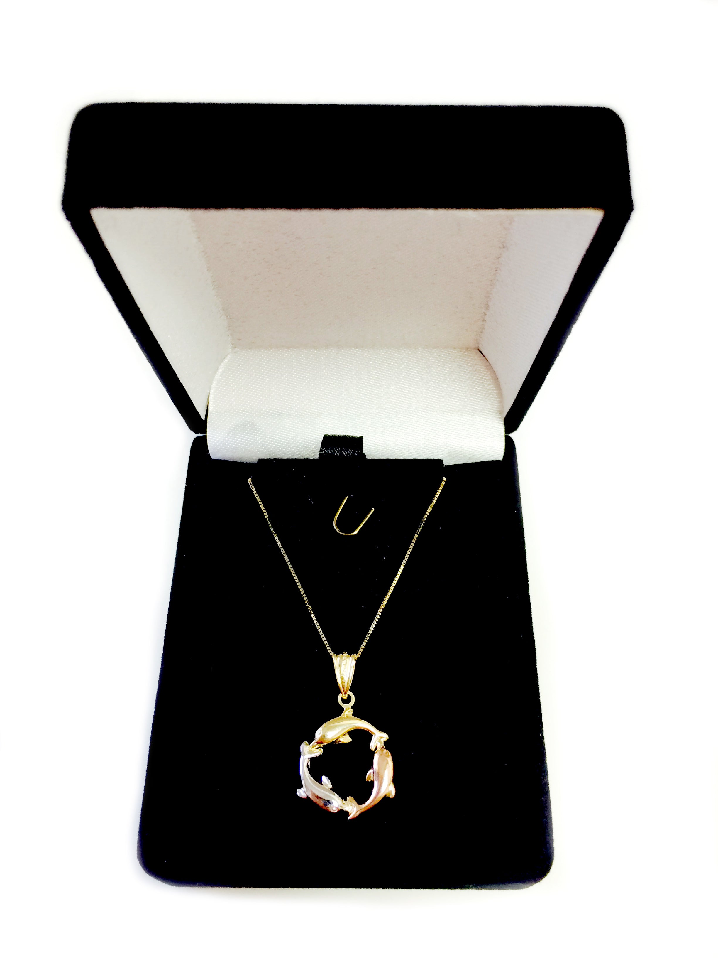 14k Tricolor Rose Gold Three Circling Dolphins Pendant Necklace, 18" fine designer jewelry for men and women