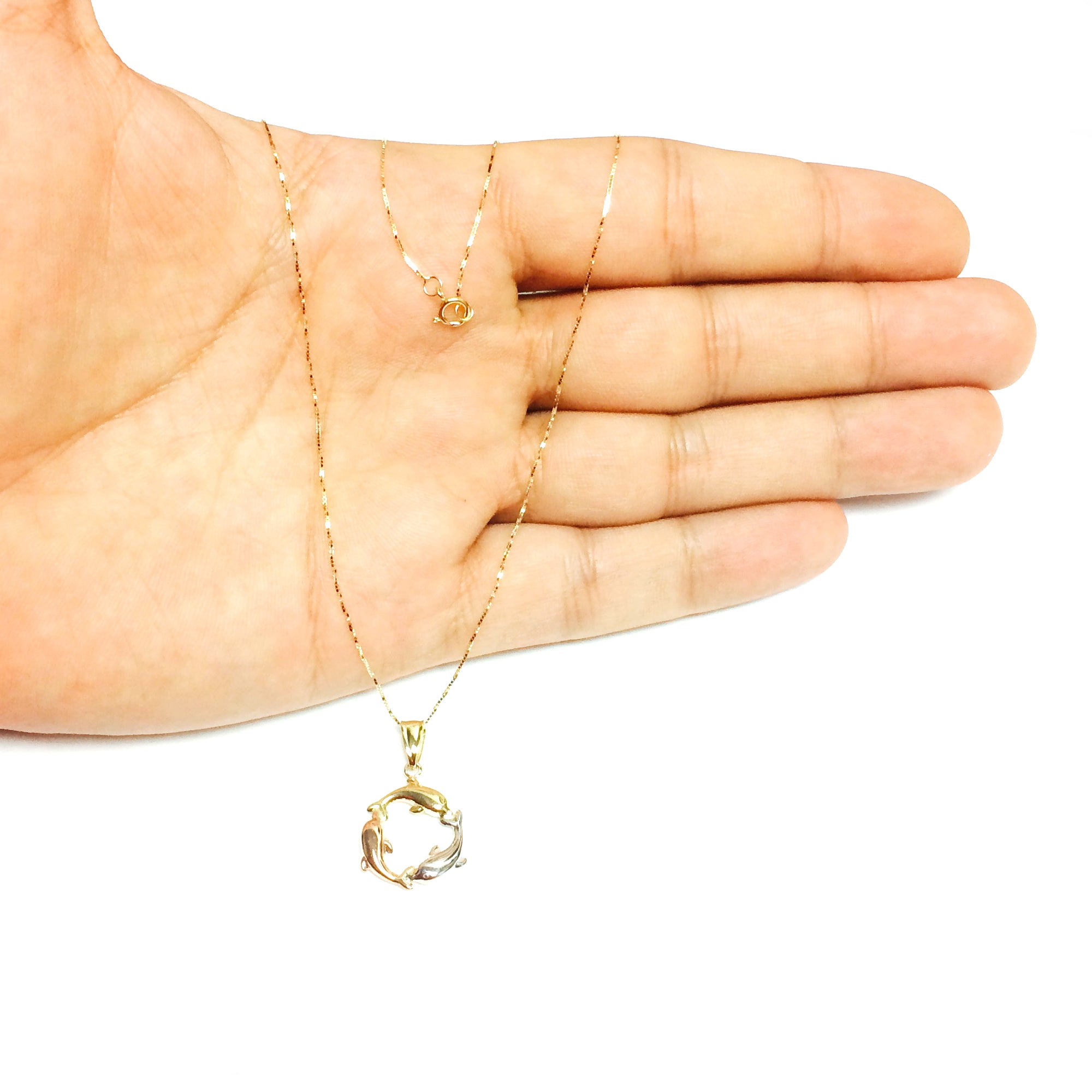 14k Tricolor Rose Gold Three Circling Dolphins Pendant Necklace, 18" fine designer jewelry for men and women