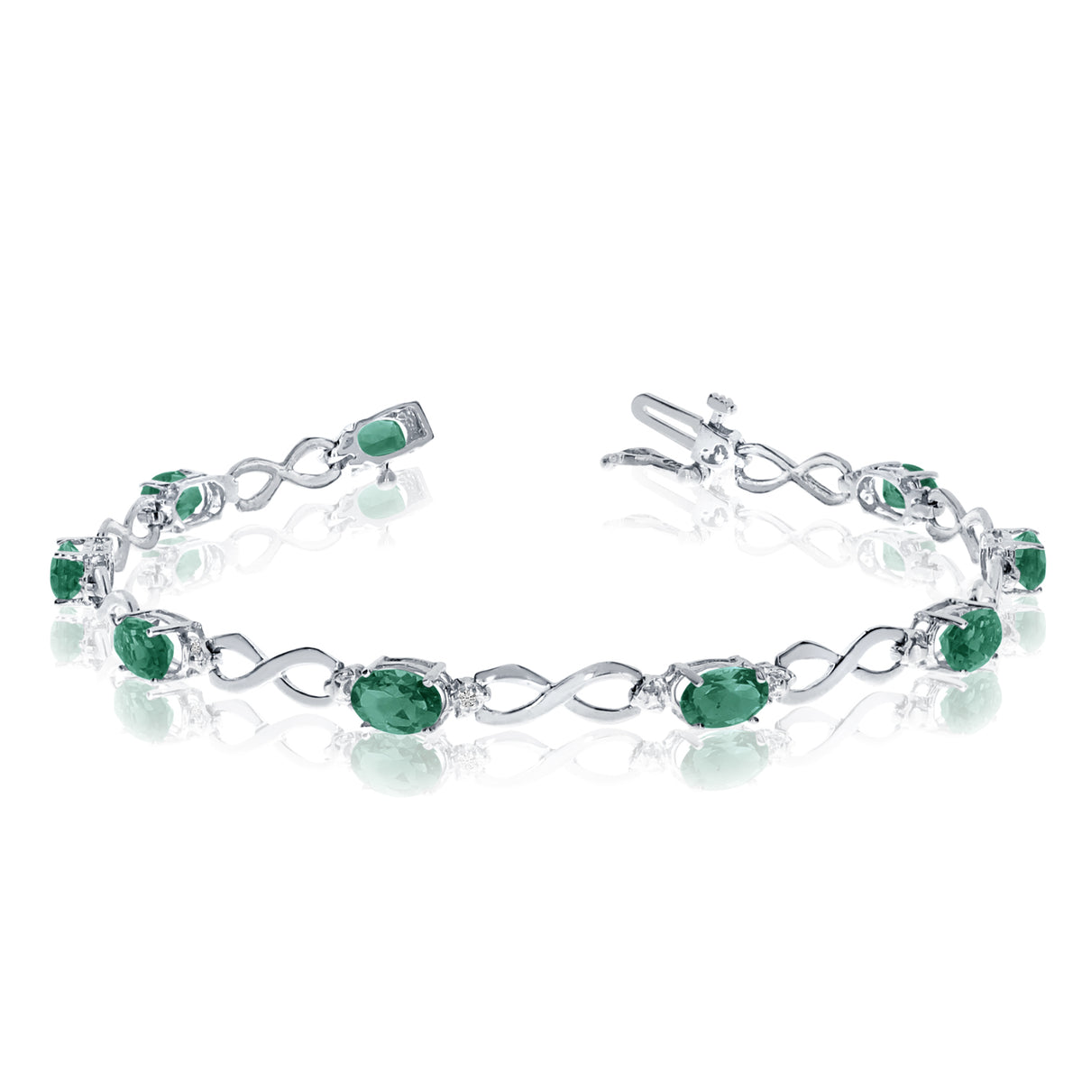 14K White Gold Oval Emerald Stones And Diamonds Infinity Tennis Bracelet, 7" fine designer jewelry for men and women