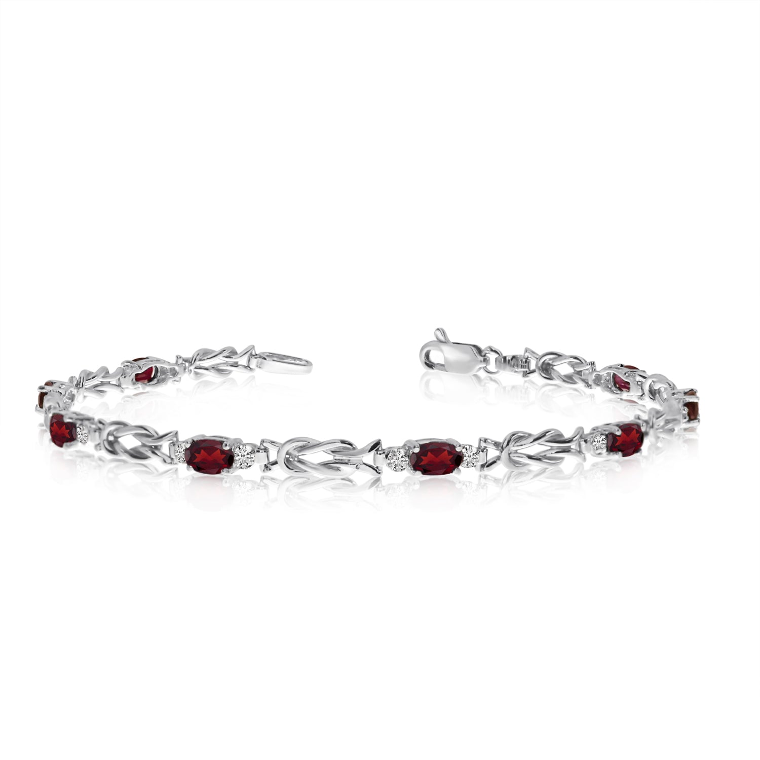 14K White Gold Oval Garnet Stones And Diamonds Tennis Bracelet, 7" fine designer jewelry for men and women