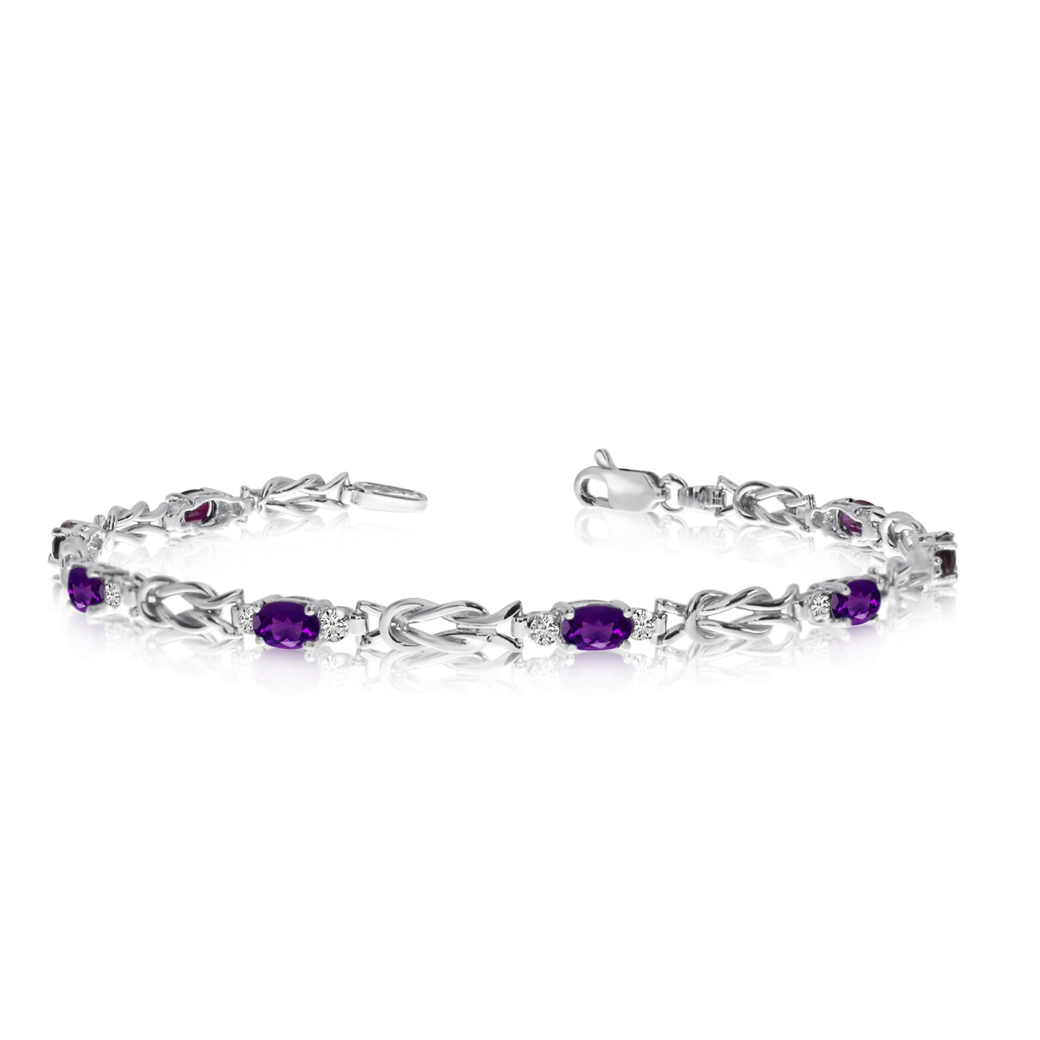 14K White Gold Oval Amethyst Stones And Diamonds Tennis Bracelet, 7" fine designer jewelry for men and women
