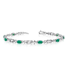 14K White Gold Oval Emerald Stones And Diamonds Tennis Bracelet, 7" fine designer jewelry for men and women