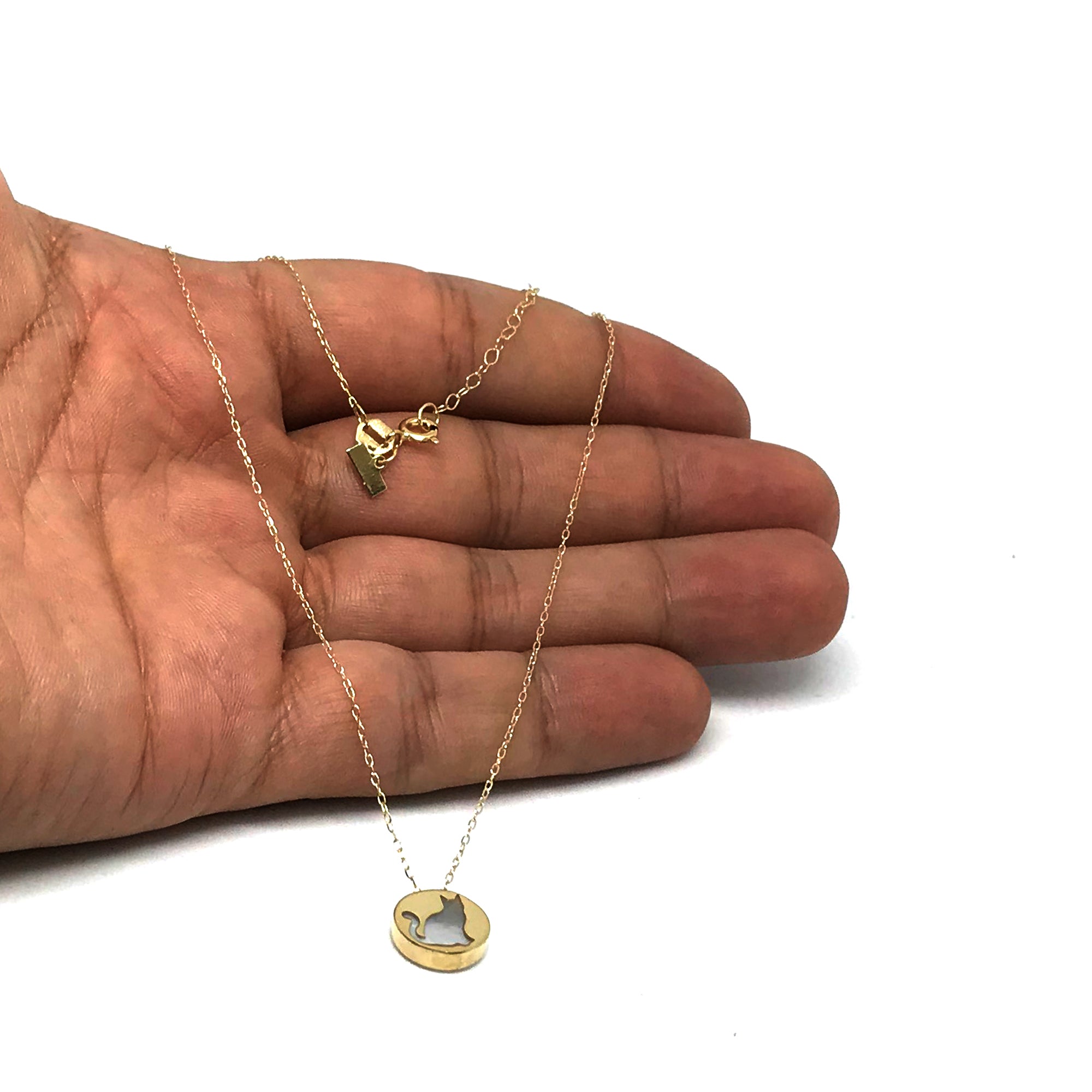 14K Yellow Gold Mother Of Pearl Cat Pendant Necklace, 16" fine designer jewelry for men and women