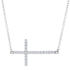 Sideways Cross And CZ Necklace In Sterling Silver, 18" - JewelryAffairs