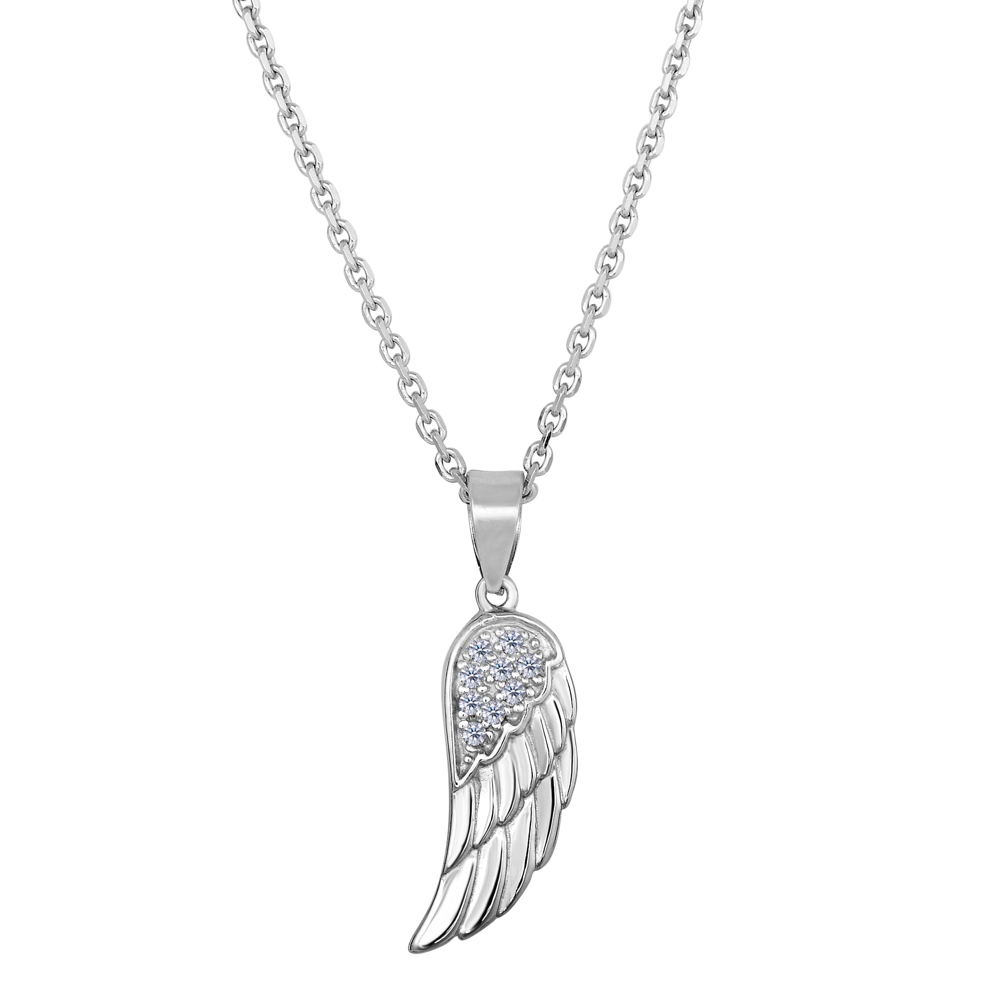 Sterling Silver Angel Wing Pendant CZ Fashion Necklace, 18" - JewelryAffairs