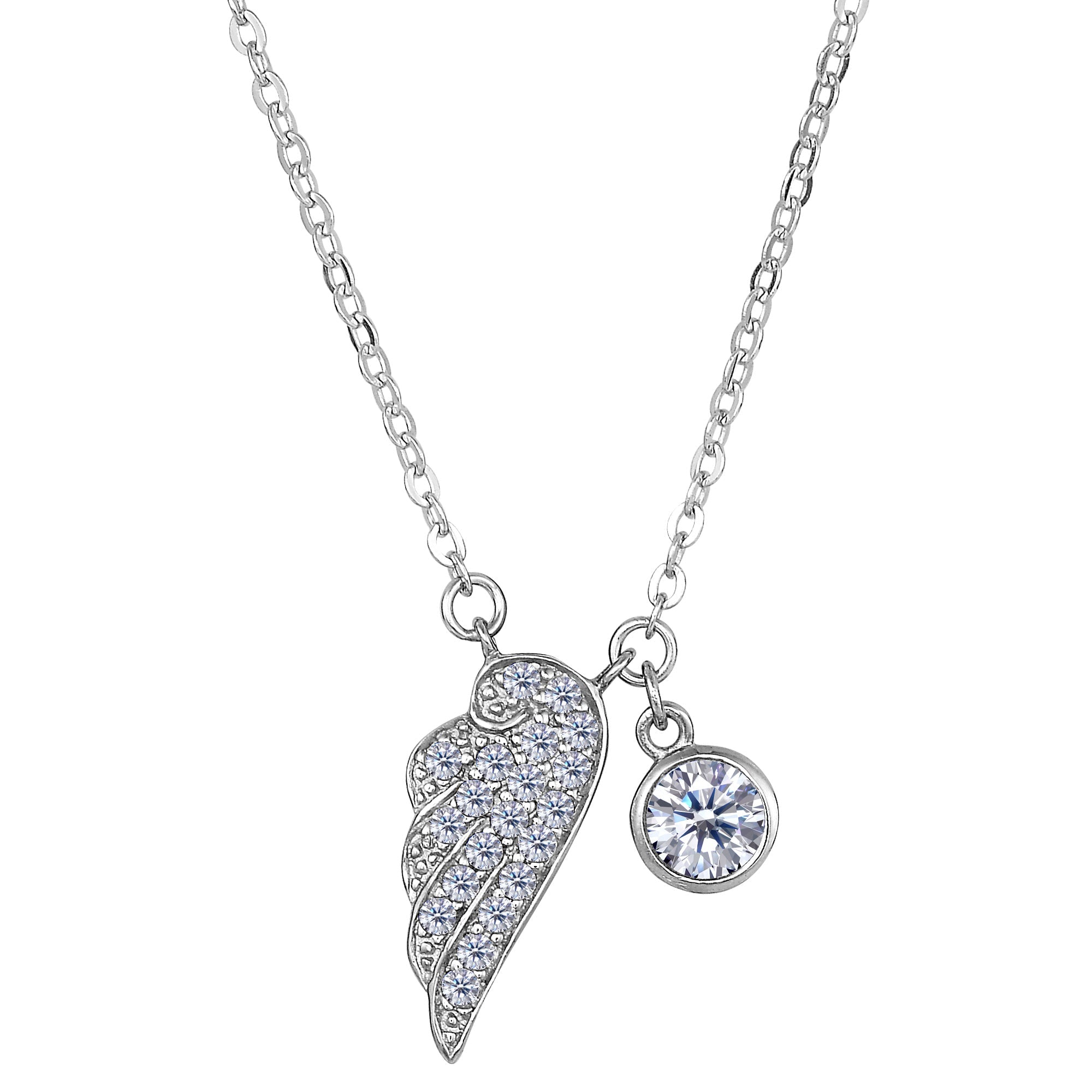 Sterling Silver CZ Angel Wing Charm Pendant Necklace, 18" - JewelryAffairs