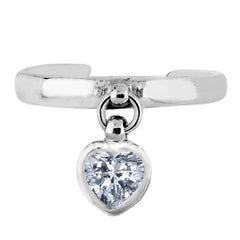 Sterling Silver Dangling Heart Shape CZ Cuff Style Adjustable Toe Ring - JewelryAffairs