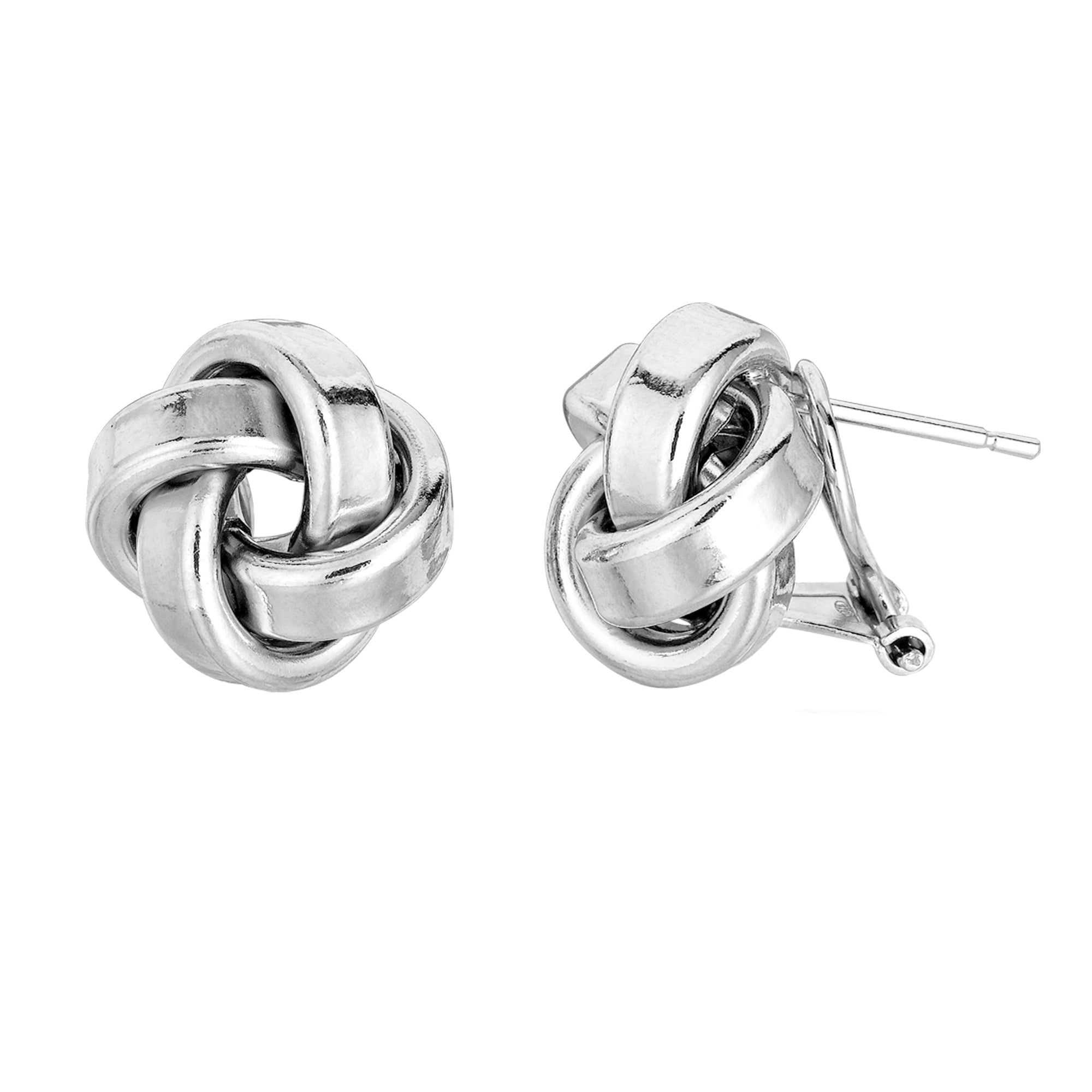Sterling Silver Rhodium Finish 13mm Shiny Love Knot Omega Back Earrings - JewelryAffairs