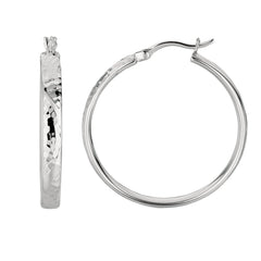Sterling Silver Rhodium Finish Hammered Finish Hoop Earrings - JewelryAffairs