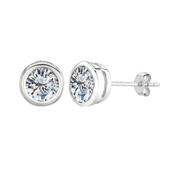 Sterling Silver Rhodium Finish Round Bezel Set Cubic Zirconia Stud Earring - JewelryAffairs