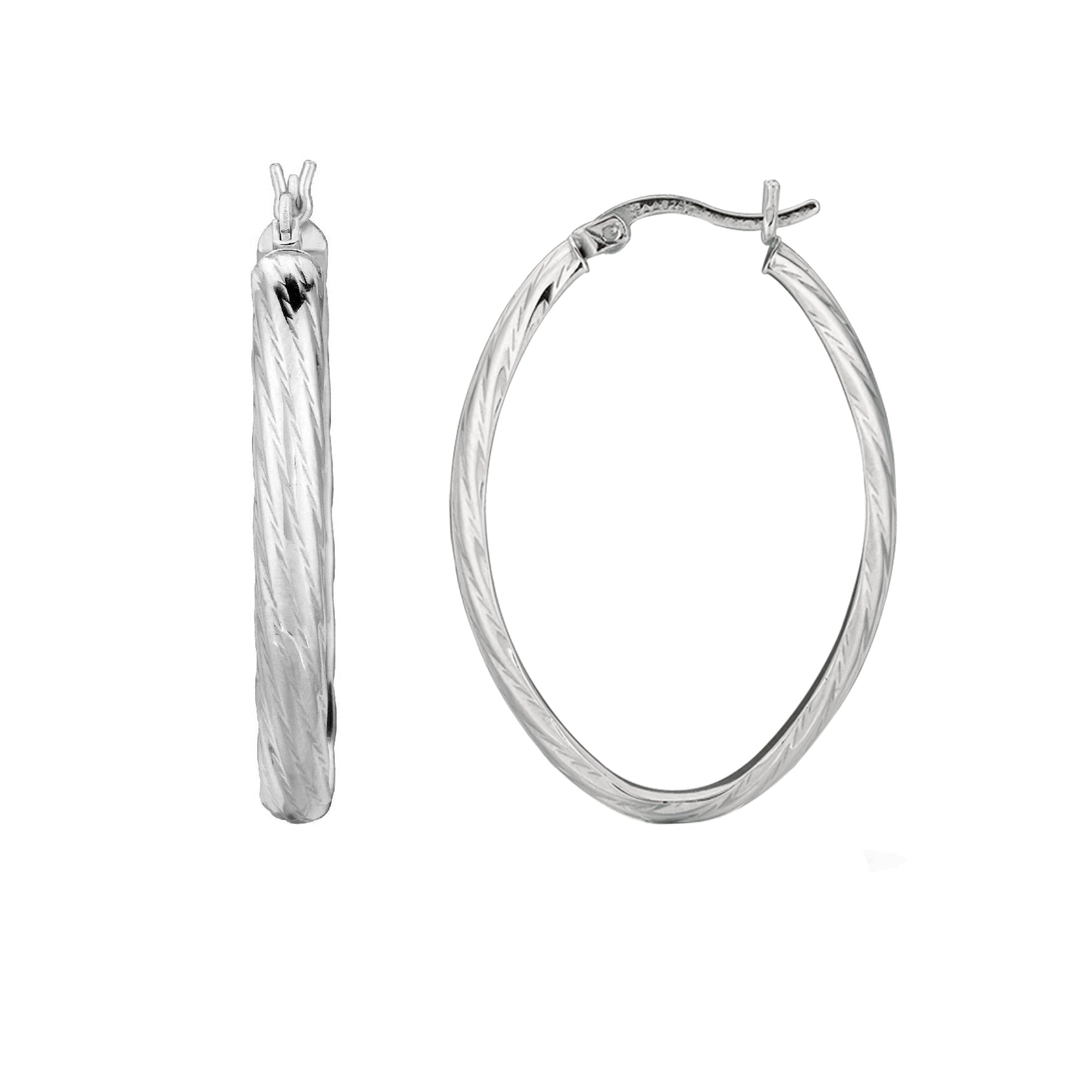Sterling Silver Rhodium Finish Shiny Textured Finish Oval Hoop Earrings,35mm - JewelryAffairs