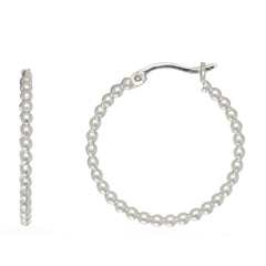 Sterling Silver Rhodium Plated Beaded Tube Round Hoop Earrings - JewelryAffairs