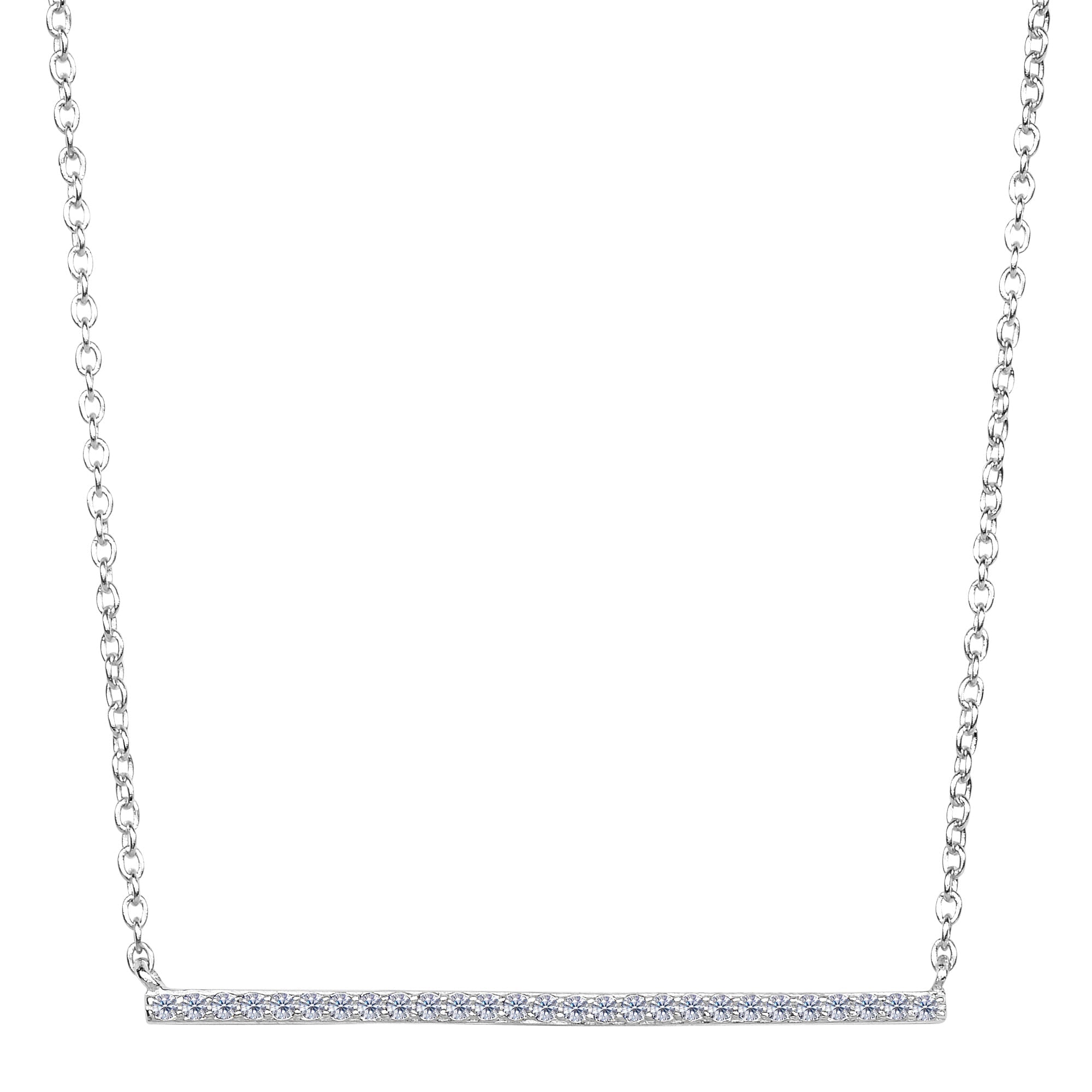 Sterling Silver Sideways Bar Pendant CZ Necklace, 18" - JewelryAffairs