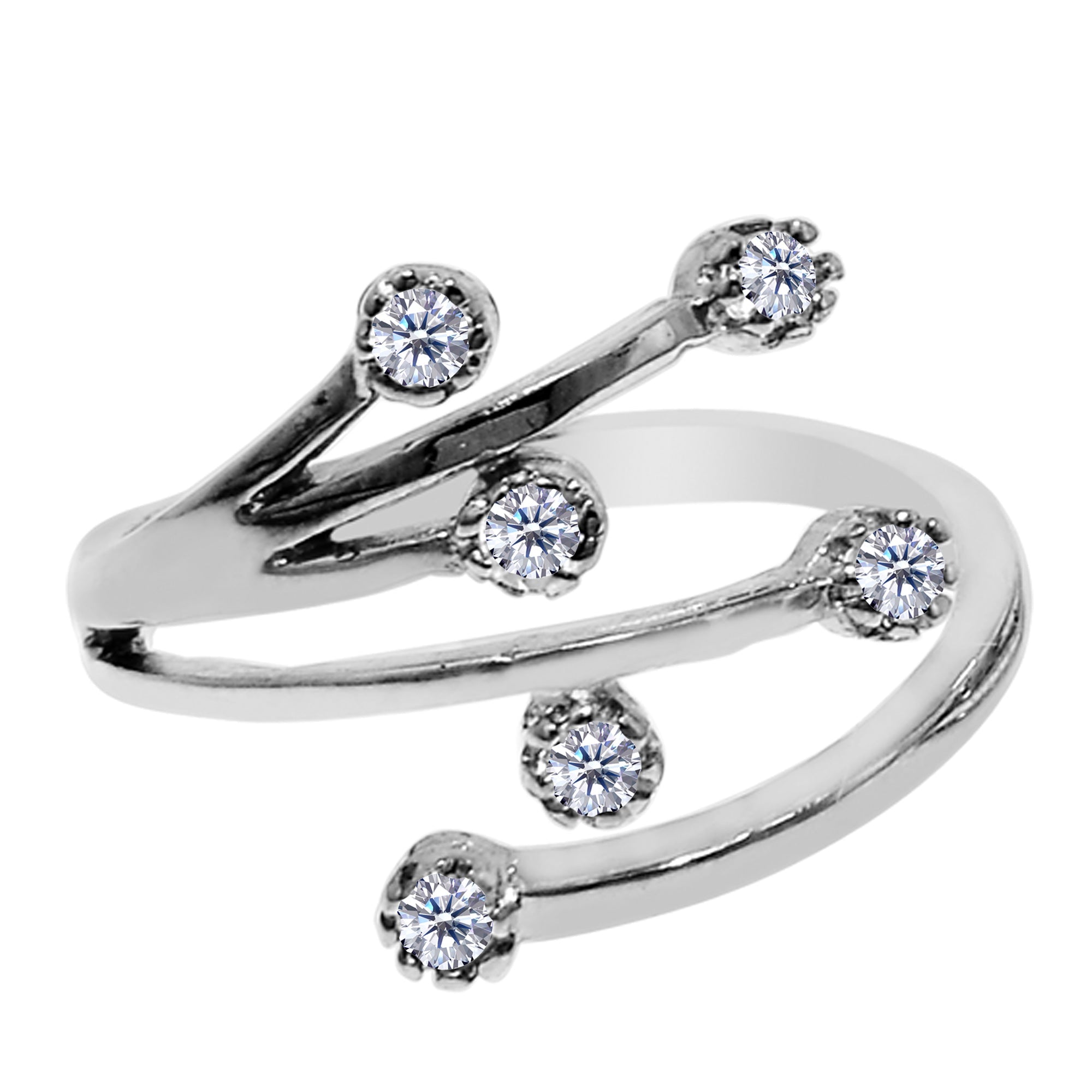 Sterling Silver Star Flower With CZ By Pass Style Adjustable Toe Ring - JewelryAffairs