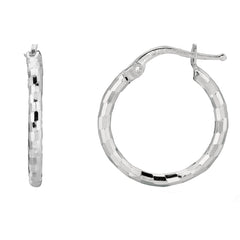Sterling Silver With Rhodium Plated Shiny Diamond Cut Finish Round Hoop Earrings - JewelryAffairs