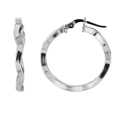 Sterling Silver With Rhodium Plated Wavy Round Hoop Earrings - JewelryAffairs