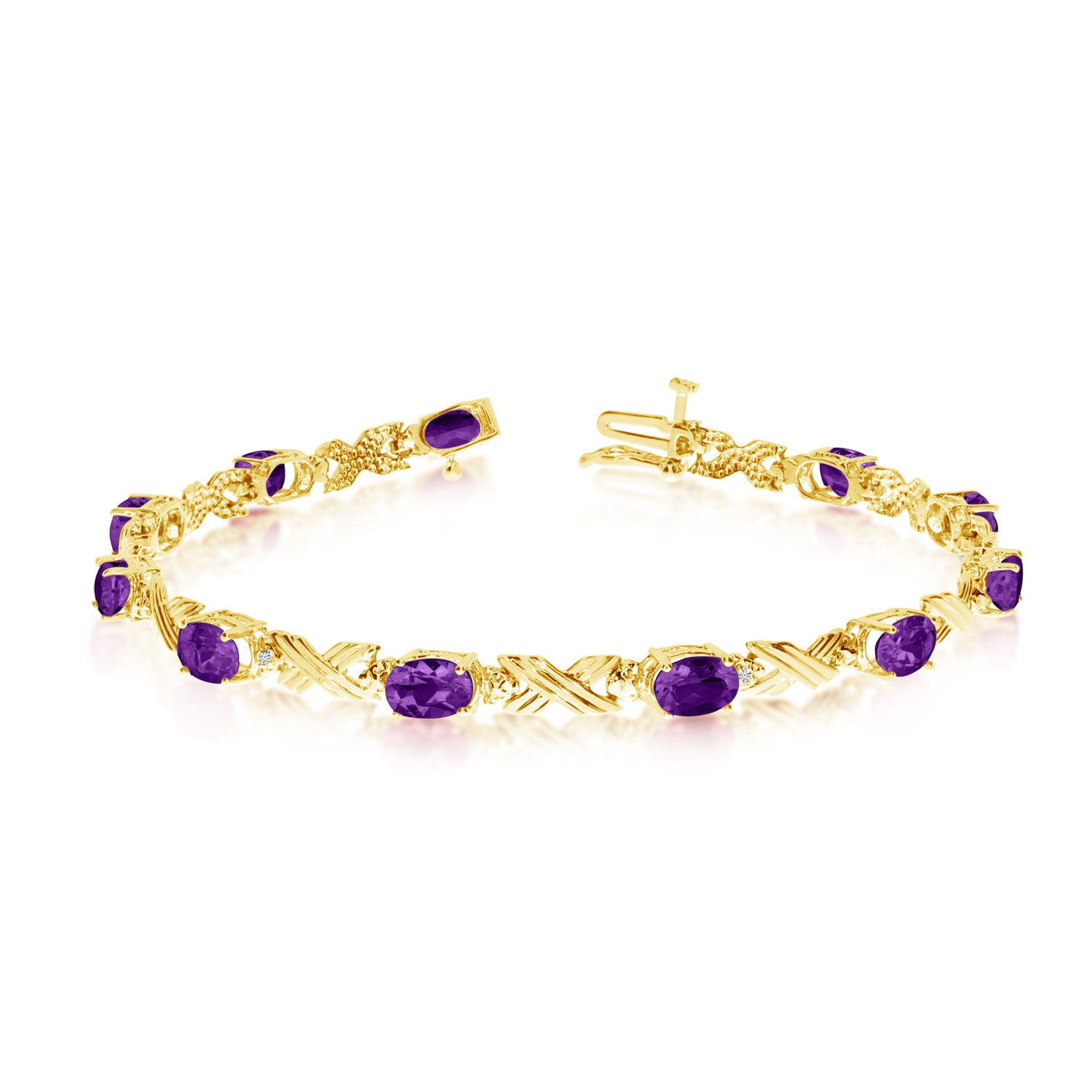 14K Yellow Gold Oval Amethyst Stones And Diamonds Tennis Bracelet, 7" fine designer jewelry for men and women