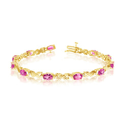 14K Yellow Gold Oval Pink Topaz Stones And Diamonds Tennis Bracelet, 7" fine designer jewelry for men and women
