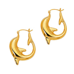 14K Yellow Gold Shiny Dolphin Hoop Earrings, Diameter 22mm fine designer jewelry for men and women