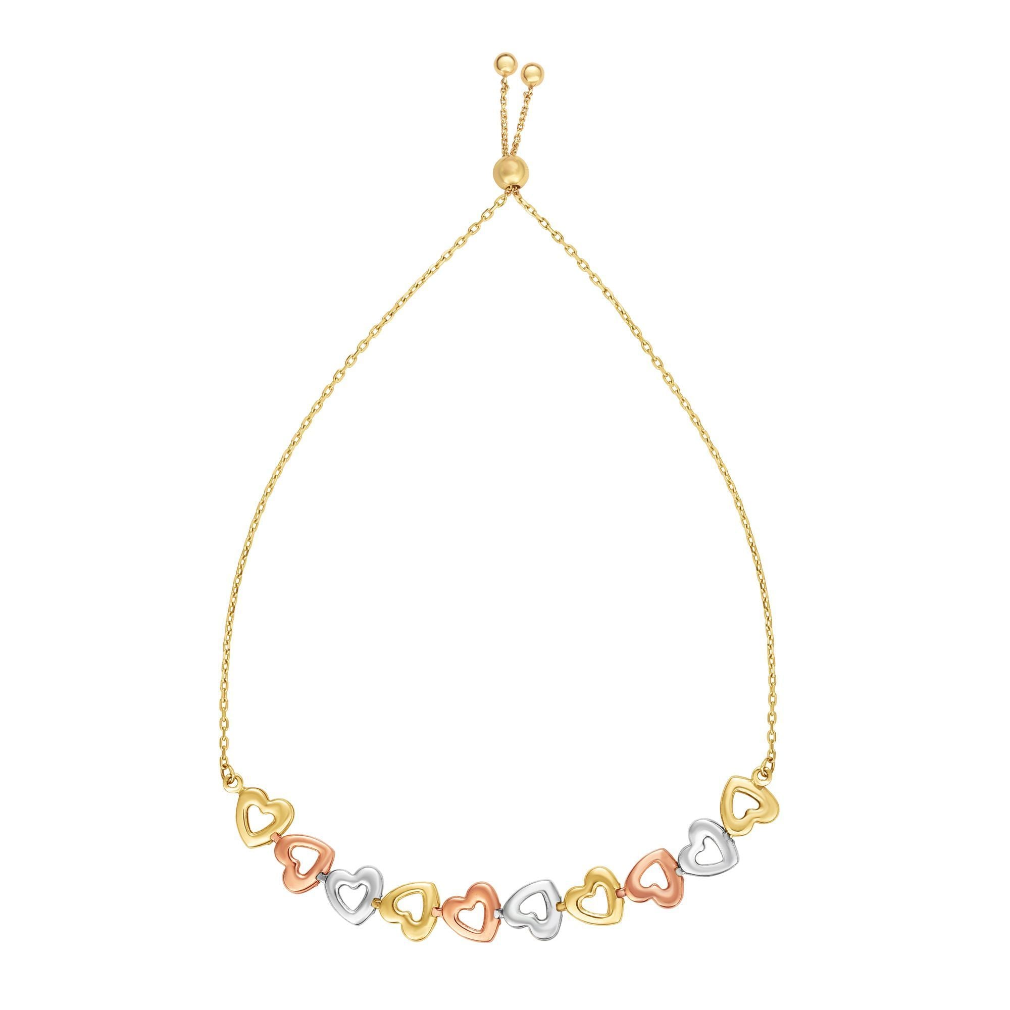14k Tri Color Gold Heart Charms Adjustable Bracelet, 9.25" fine designer jewelry for men and women