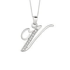 "V" Sterling Silver Rhodium Plated Script Initial Letter With Diamonds On 18 Inch Chain ( 0.05 Tcw) - JewelryAffairs
