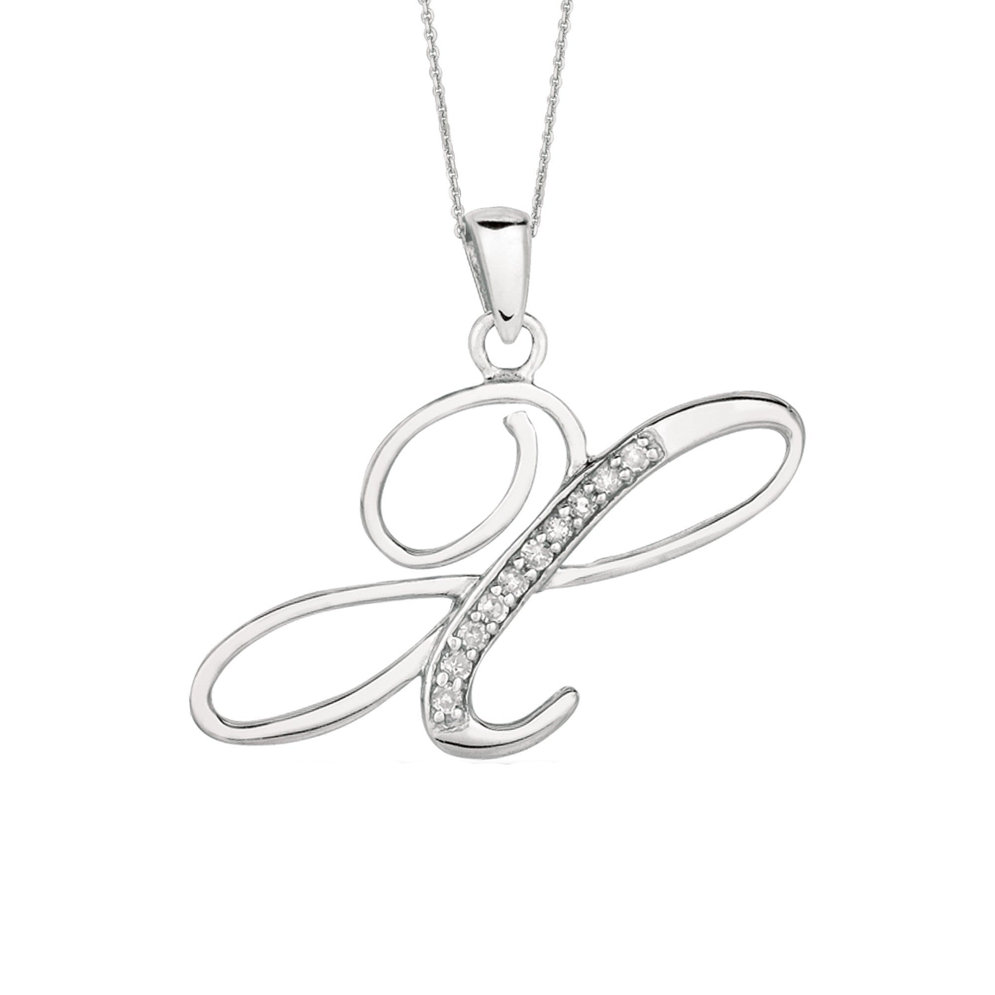 "X" Sterling Silver Rhodium Plated Script Initial Letter With Diamonds On 18 Inch Chain ( 0.05 Tcw) - JewelryAffairs