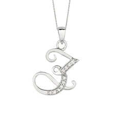 "Z" Sterling Silver Rhodium Plated Script Initial Letter With Diamonds On 18 Inch Chain ( 0.05 Tcw) - JewelryAffairs