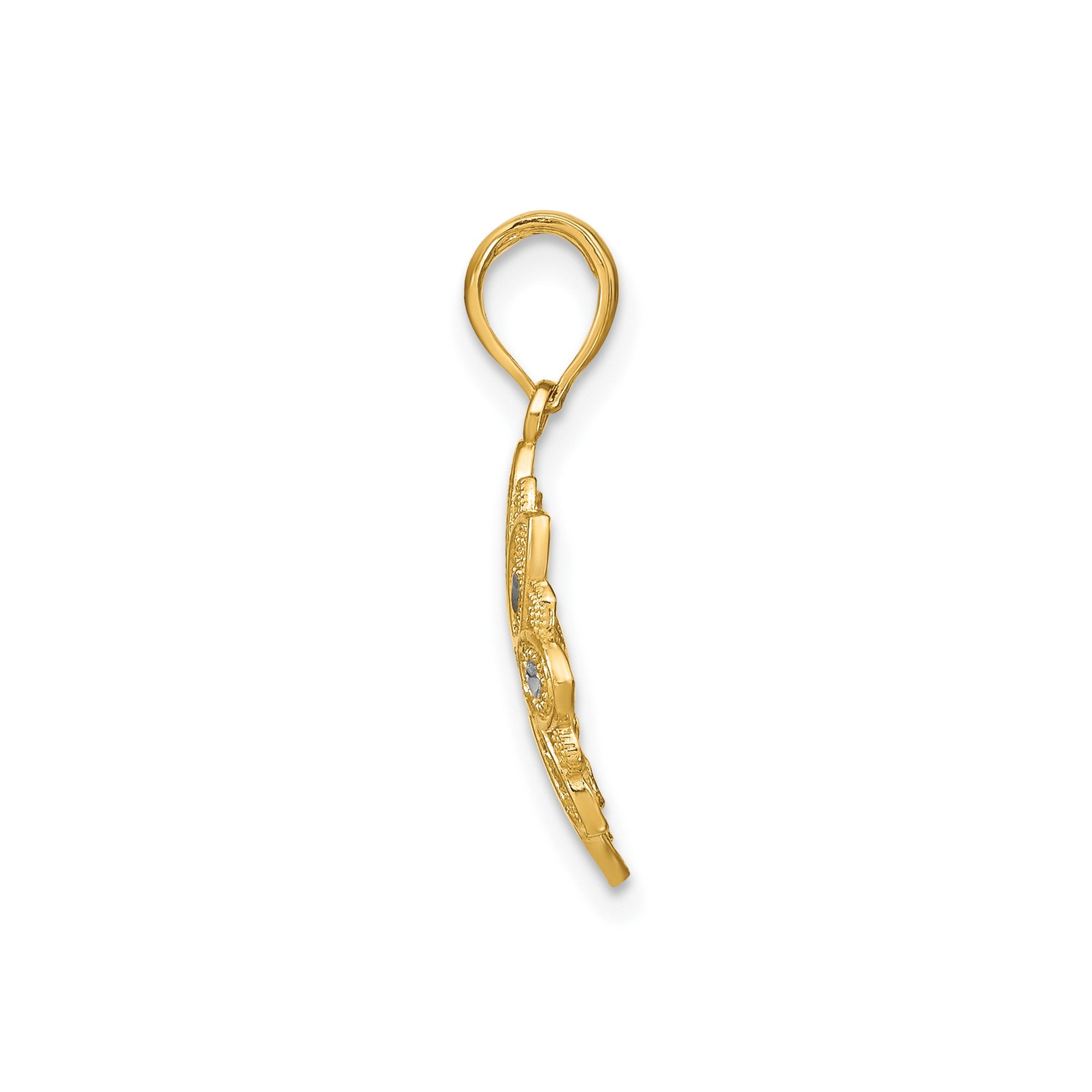 10K Yellow Gold and Rhodium Filigree Flower Pendant Charm, 16mm, Two-Tone