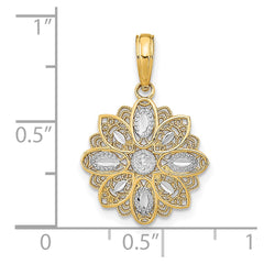 10K Yellow Gold and Rhodium Filigree Flower Pendant Charm, 16mm, Two-Tone
