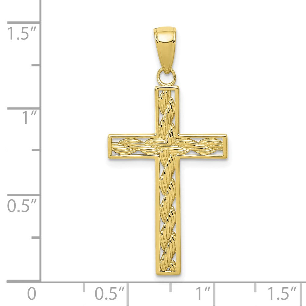 14K Yellow Gold Cross Pendant with Rope Design, 35x17mm