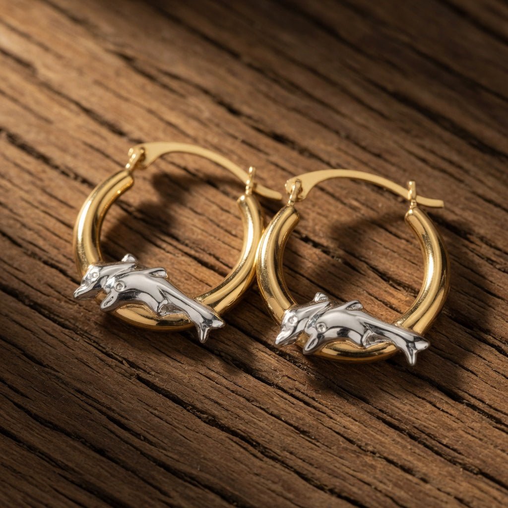 10k 2 Tone White And Yellow Gold Round Shape Hoop Earrings With Dolphins, Diameter 15mm - JewelryAffairs