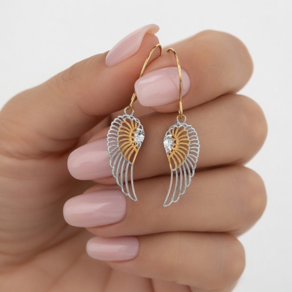 10k 2 Tone Yellow And White Gold Diamond Cut Angel Wings Drop Earrings - JewelryAffairs