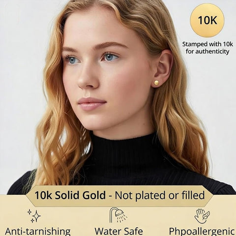 10K Real Yellow Gold Ball Stud Earrings