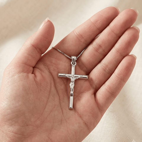10k Solid White Gold Crucifix Jesus Cross Pendant, 32mm x 19mm