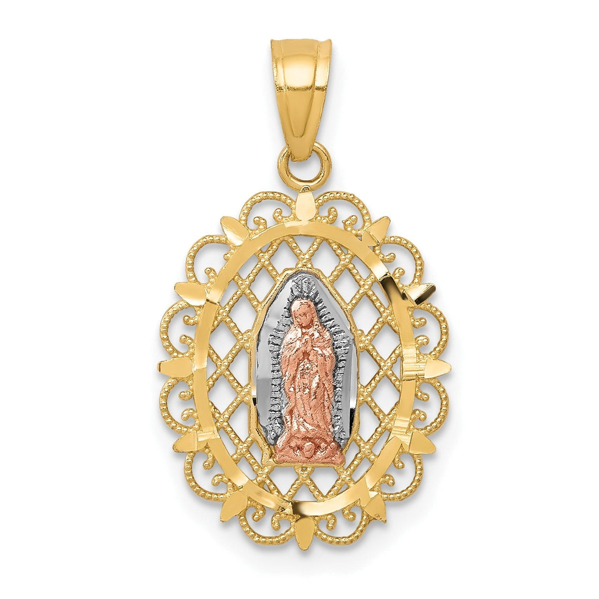 10K Two Tone Gold Virgin Mary Our Lady of Guadalupe Medal Pendant, 22x13mm - JewelryAffairs