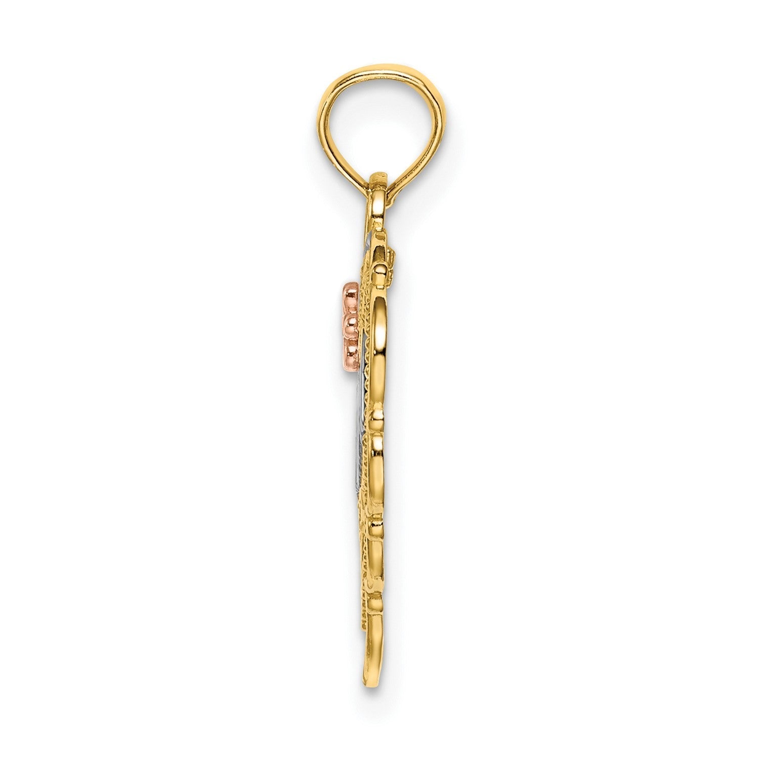 10K Two - Tone Real Solid Gold MOM Heart with Flower Charm Pendant - JewelryAffairs