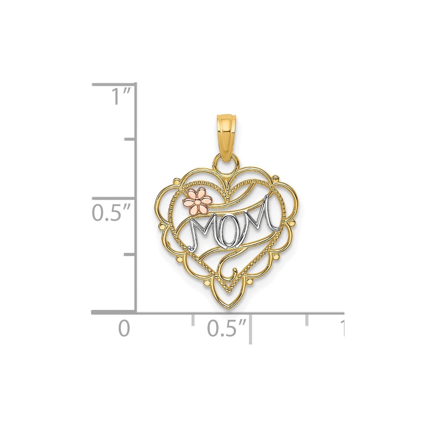 10K Two - Tone Real Solid Gold MOM Heart with Flower Charm Pendant - JewelryAffairs