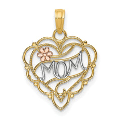 10K Two - Tone Real Solid Gold MOM Heart with Flower Charm Pendant - JewelryAffairs